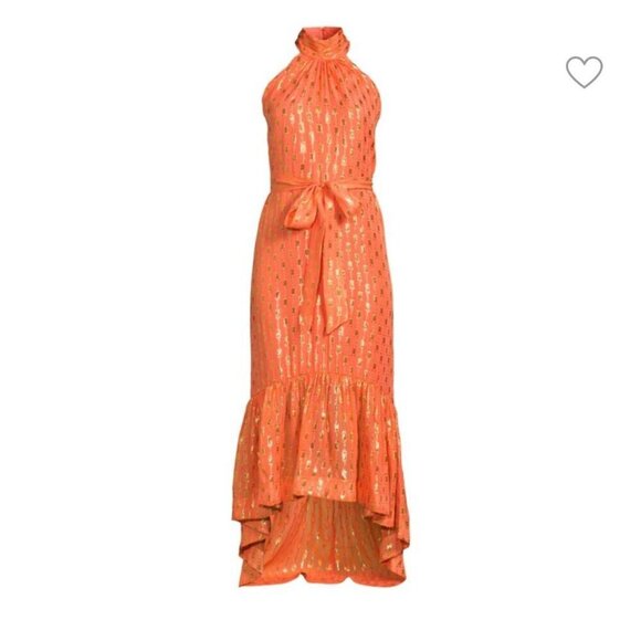 NWT RAMY BROOK Halter Kenza Orange Metallic Silk Maxi Dress, Ruffle Hem XXS‎ - Picture 5 of 12